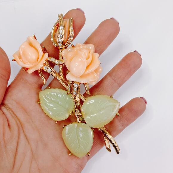 Nolan Miller Ann Margaret Faux Coral & Jade Rose Brooch Pin Rhinestones Large - Picture 2 of 12